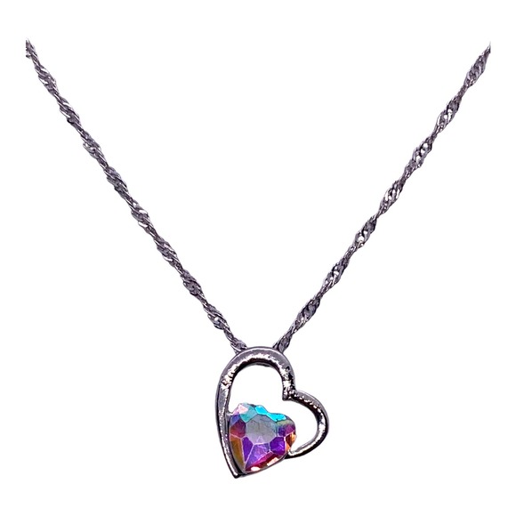 Imitation Silver Iridescent Rhinestone Gemstone Two Hearts In One Necklace - Picture 1 of 7